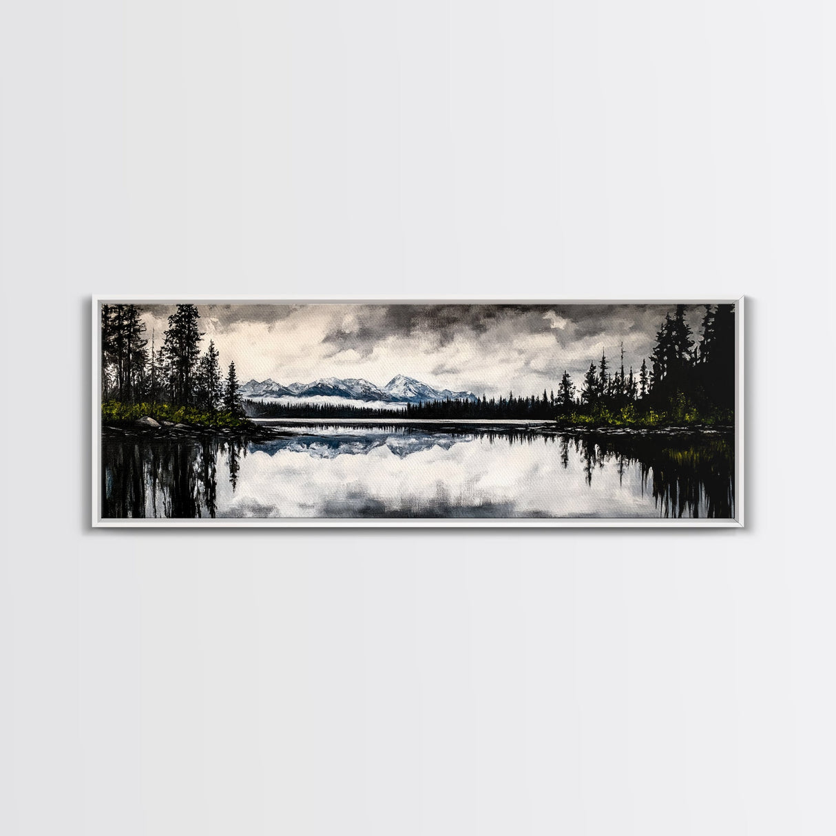 Mountain Reflection, Tranquil Lake Art, Black and White Landscape, Nature Inspired Decor, Framed Canvas Print, Cabin Wall Art, Moody Forest Scene