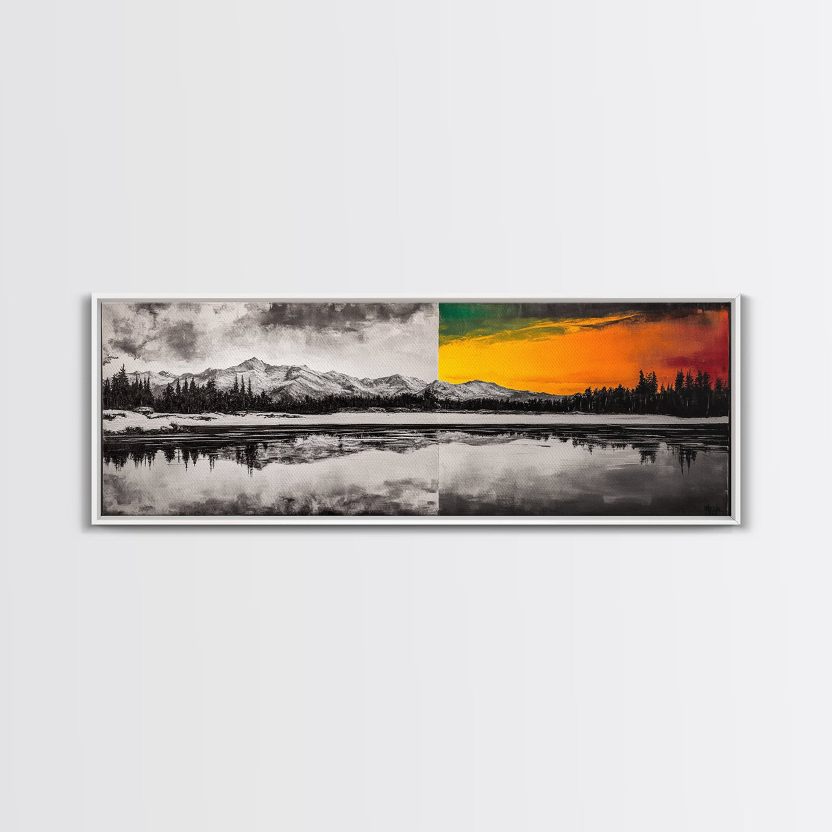 Dual Tone Lake, Black and White Landscape, Orange Sunset, Canvas Print, Modern Wall Art, Nature Home Decor, Living Room Art