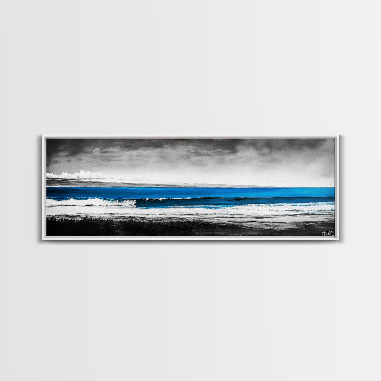 Tranquil Beach, Ocean Horizon, Black and White Art, Coastal Landscape, Framed Canvas Print, Modern Home Decor, Office Wall Art