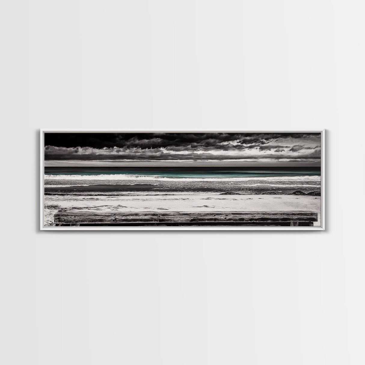 Ocean Bench, Beach Serenity, Black and White Seascape, Minimalist Art, Framed Canvas Print, Calm Coastal, Meditation Space