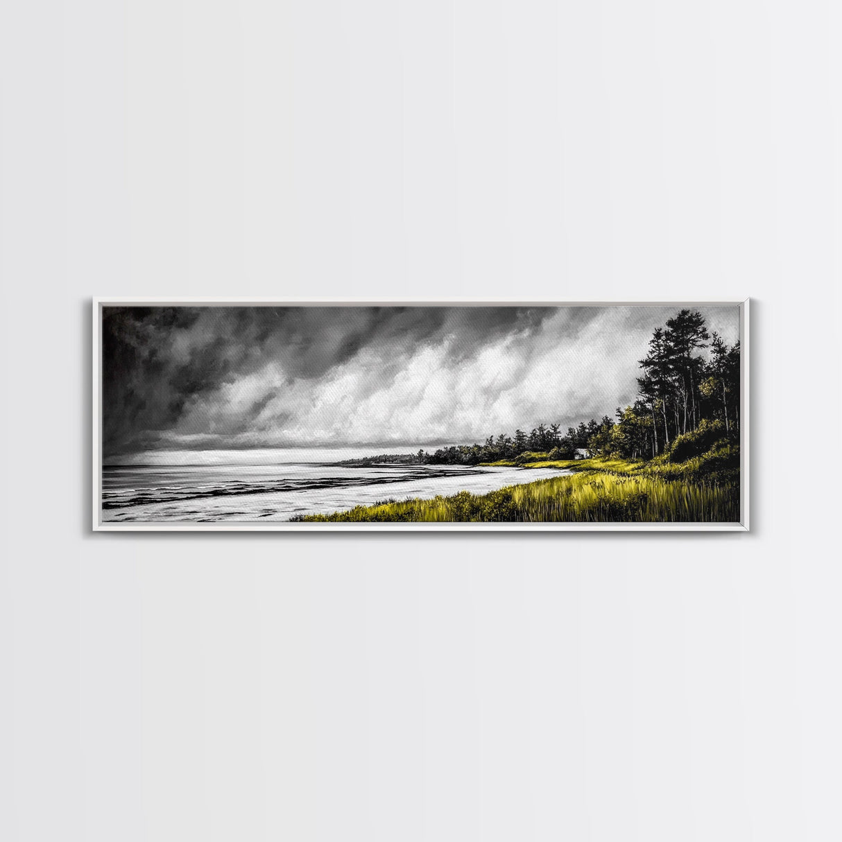 Stormy Coast, Dramatic Sky, Seaside Serenity, Framed Canvas Print, Black and White Art, Large Wall Decor, Living Room Statement