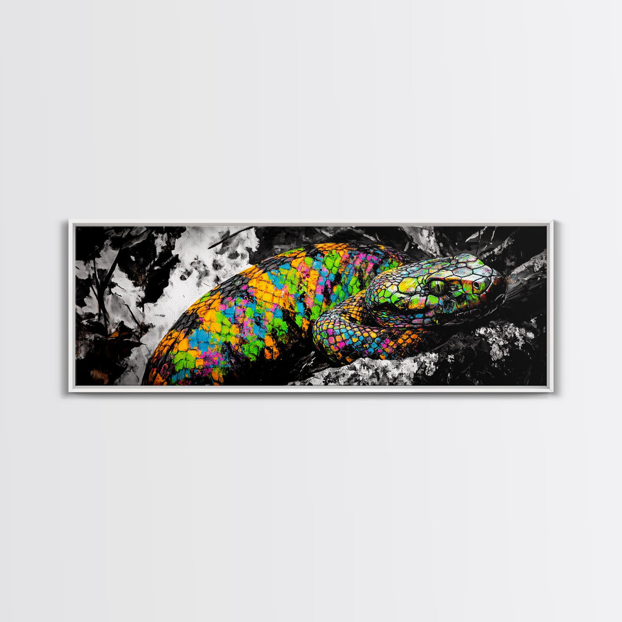 Colorful Snake, Psychedelic Reptile Art, Nature Painting, Wildlife Print, Vibrant Scales, Unique Wall Decor, Framed Canvas Print