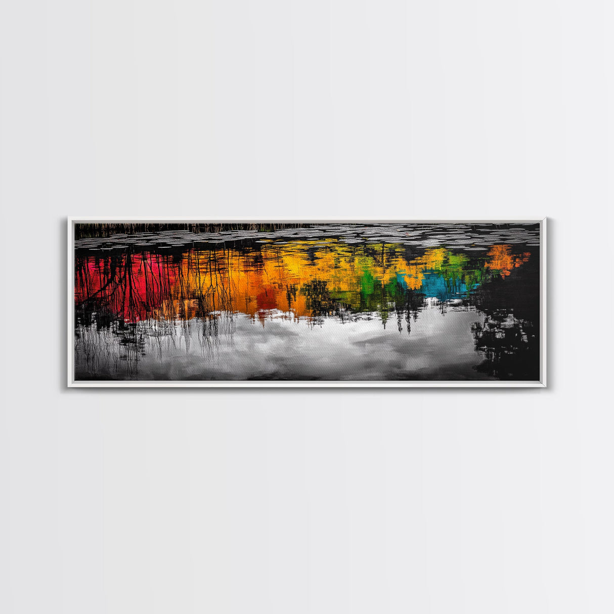 Colorful Reflection, Abstract Water Art, Nature Painting, Autumn Trees, Vibrant Colors, Black and White Contrast, Canvas Print