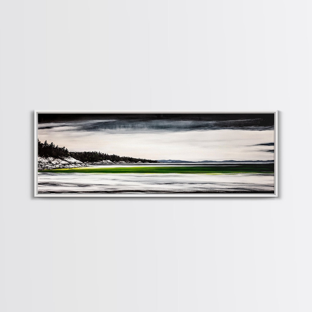 Serene Lake, Monochrome Water Art, Minimalist Nature, Dramatic Sky, Green Accent, Modern Home Wall Decor, Framed Canvas Print
