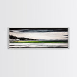 Serene Lake, Monochrome Water Art, Minimalist Nature, Dramatic Sky, Green Accent, Modern Home Wall Decor, Framed Canvas Print