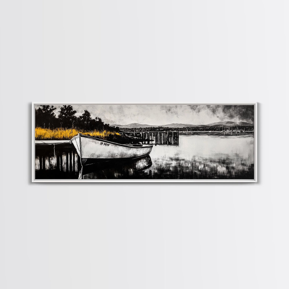 Rustic Boat, Black and White, Nautical Wall Art, Coastal Home Decor, Lake House Art, Large Wall Art, Framed Canvas Print, Living Room Art