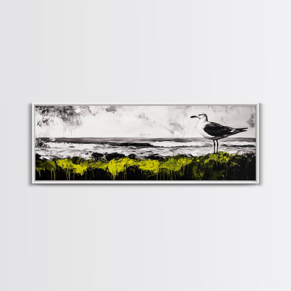 Seagull Perch, Ocean Shore, Moody Sky, Framed Canvas Print, Coastal Wall Art, Beach House Decor, Nautical Artwork, Nature Inspired