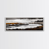 Snowy River Artwork, Mountain Landscape Painting, Rustic Winter Decor, Black and White Wall Art, Nature Print, Living Room Art, Canvas Print