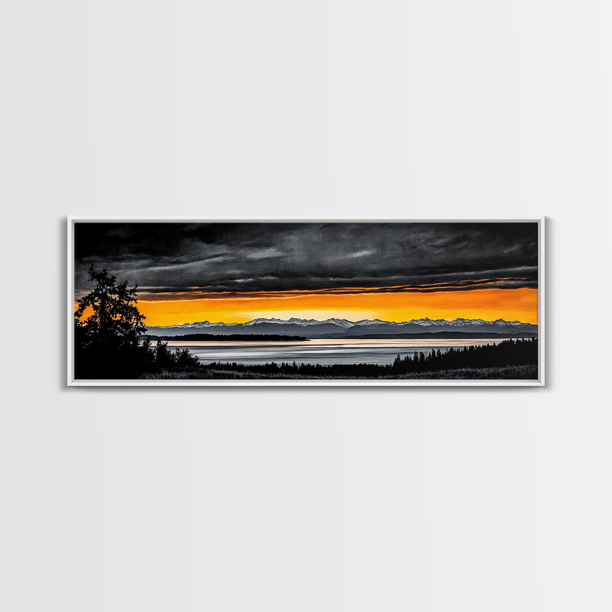 Sunset Over Mountains, Dramatic Landscape Art, Black and Yellow Wall Art, Bold Sky Painting, Nature Print, Office Wall Decor, Framed Canvas Prin