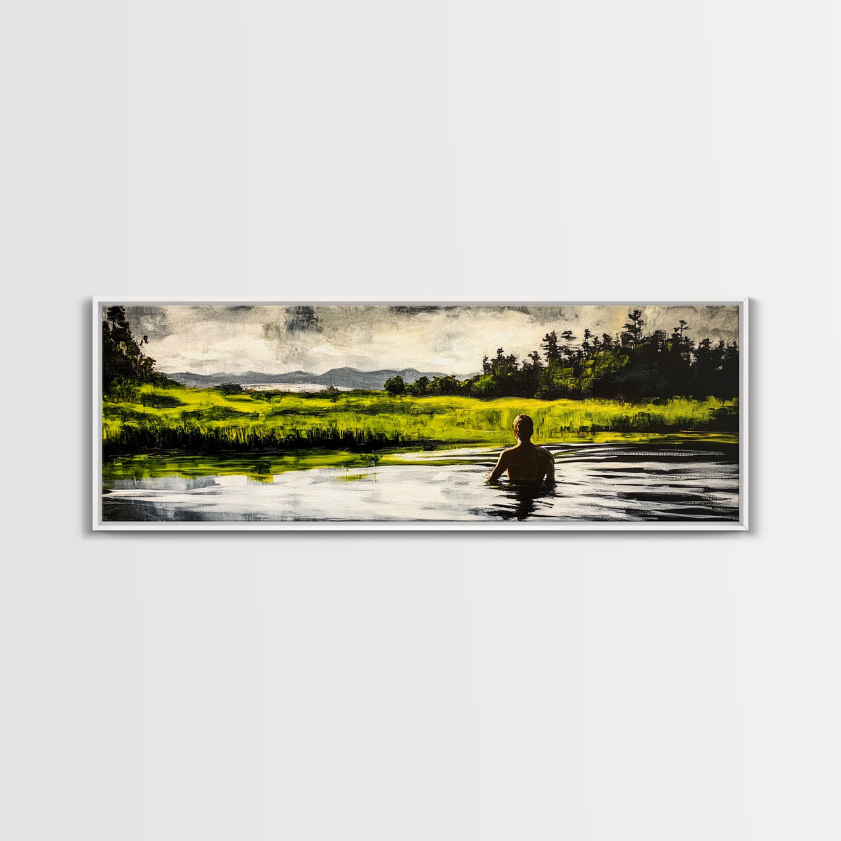 Man, Water, Reflection, Framed Canvas Print, Serene Landscape Art, Tranquil Wall Decor, Nature Inspired Painting, Moody Green Aesthetic