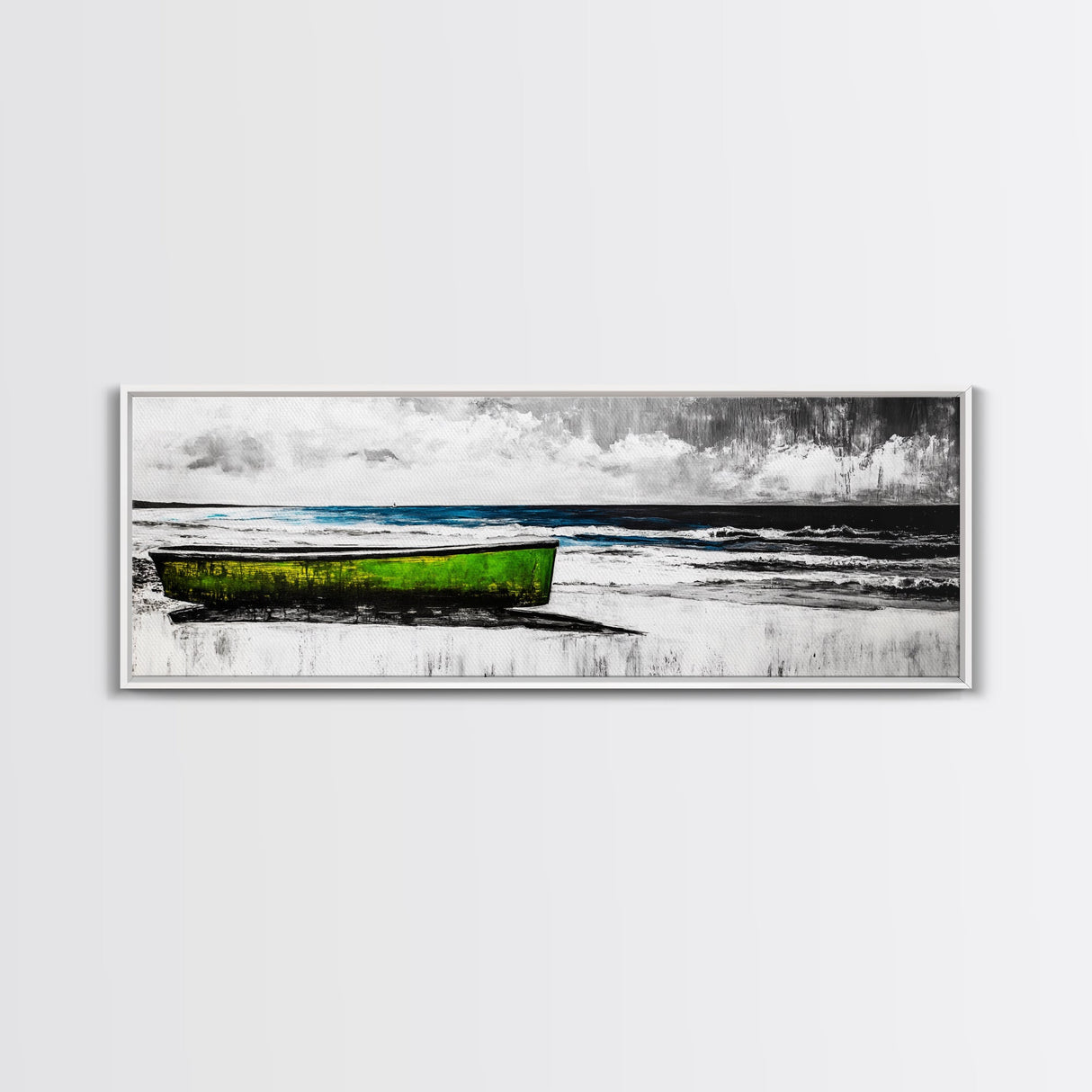 Seaside Boat, Coastal Art, Minimalist Nautical, Framed Canvas Print, Black and White Beach Art, Ocean Scene, Modern Seascape, Contemporary Decor