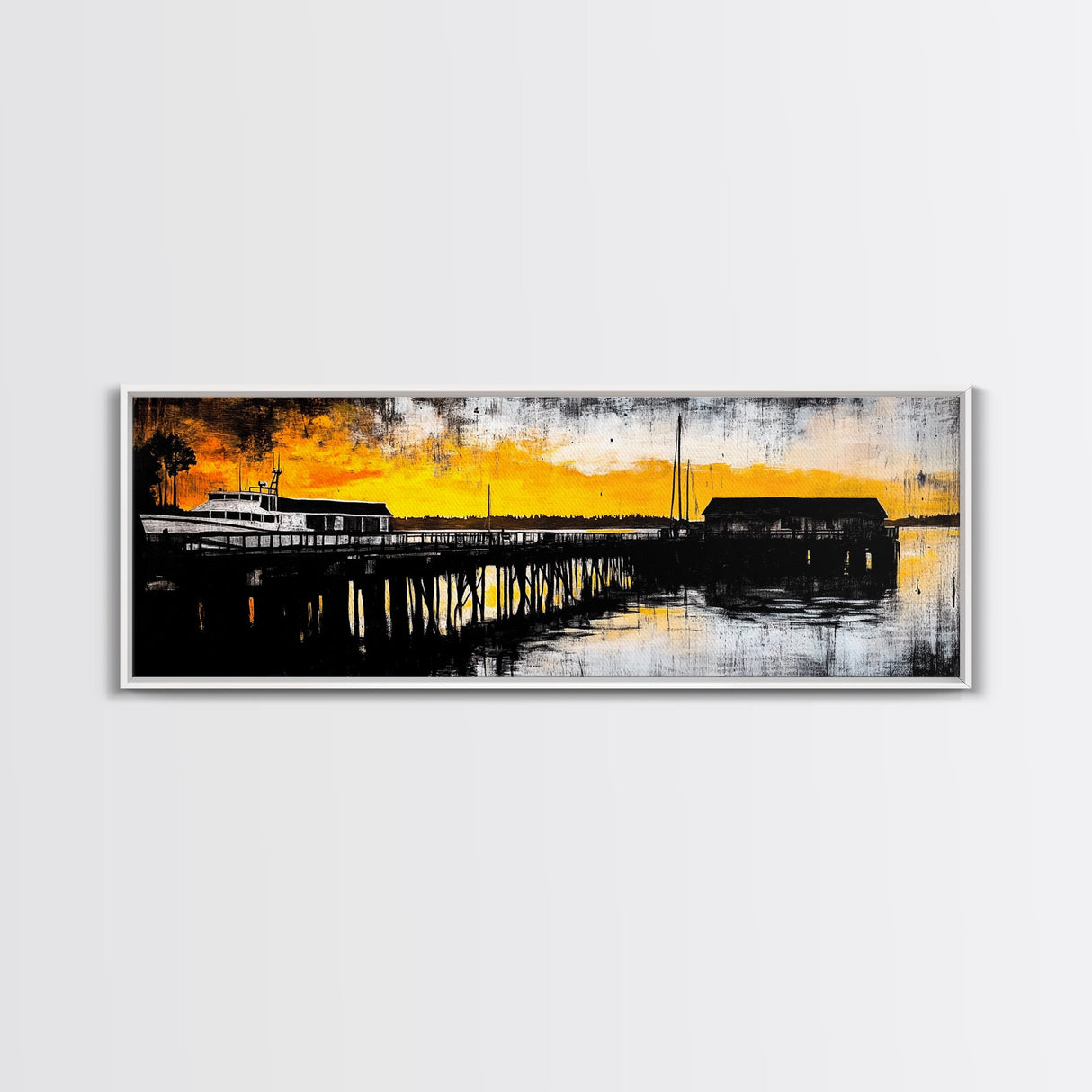 Sunset Pier, Coastal Wall Art, Nautical Art, Framed Canvas Print, Rustic Wall Decor, Boho Art, Living Room Art, Boat Painting