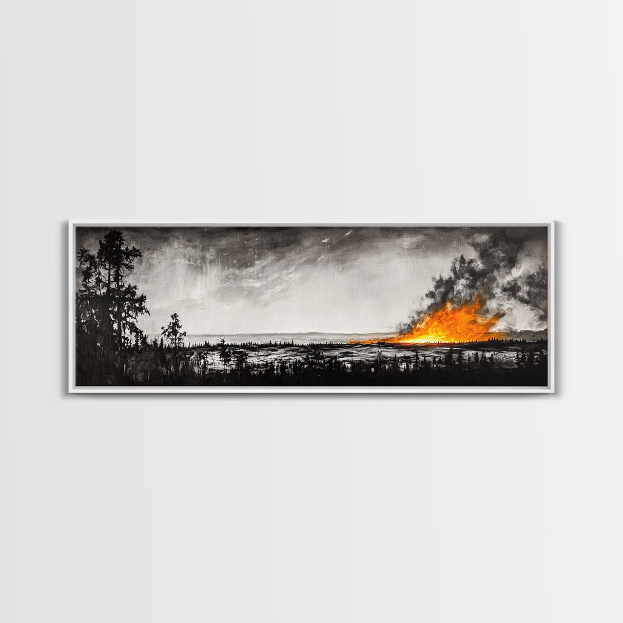 Wildfire Horizon, Dramatic Nature Art, Wilderness Wall Decor, Canvas Print, Black and White Art, Abstract Fire Painting, Rustic Home Art