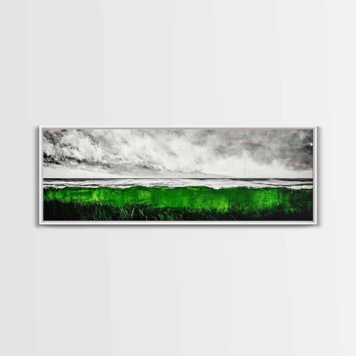 Green Ocean, Coastal Storm, Vibrant Seascape, Framed Canvas Print, Beach Art, Abstract Ocean Painting, Minimalist Wall Decor, Living Room Art