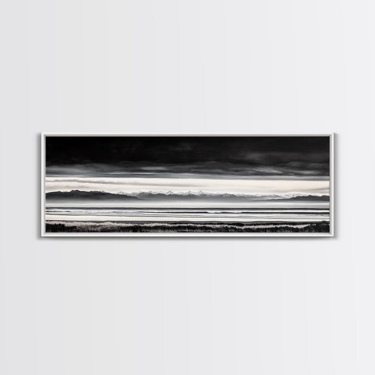 Stormy Mountains, Black and White Art, Monochrome Landscape, Modern Wall Decor, Framed Canvas Print, Nature Inspired, Minimalist Home Art