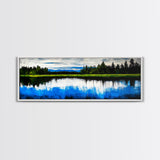 Lake Reflection, Blue Sky, Green Landscape, Framed Canvas Print, Large Wall Art, Nature Painting, Office Decor, Living Room Wall Art