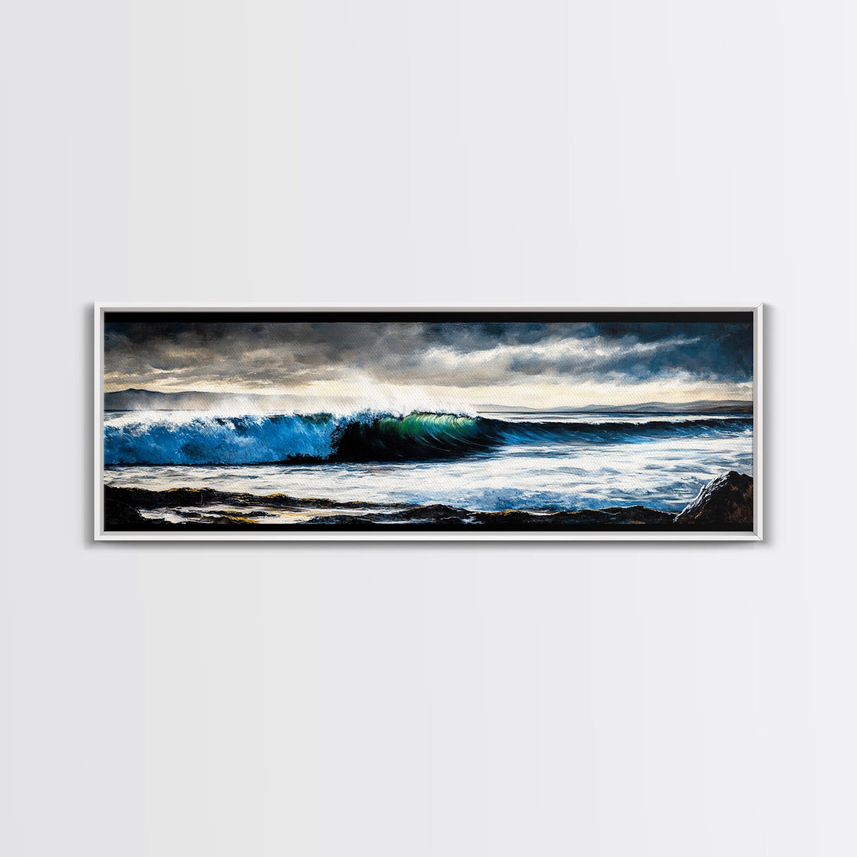 Powerful Ocean Wave, Realistic Seascape Art, Blue Water Wall Decor, Coastal Living Room Art, Surfer Beach Print, Framed Canvas Print