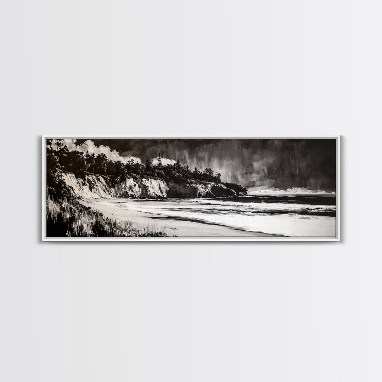 Bold Coastal Cliff, Monochrome Seascape Painting, Dramatic Nature Wall Art, Minimalist Ocean Print, Modern Home Decor, Framed Canvas Print