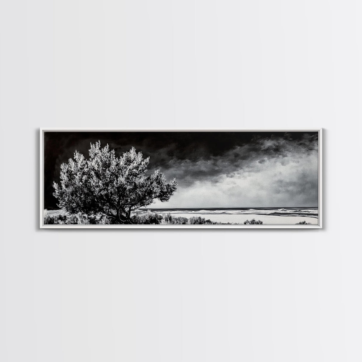 Monochrome Tree Art, Dramatic Nature Painting, Black and White Wall Decor, Minimalist Forest Print, Modern Office Art, Framed Canvas Print