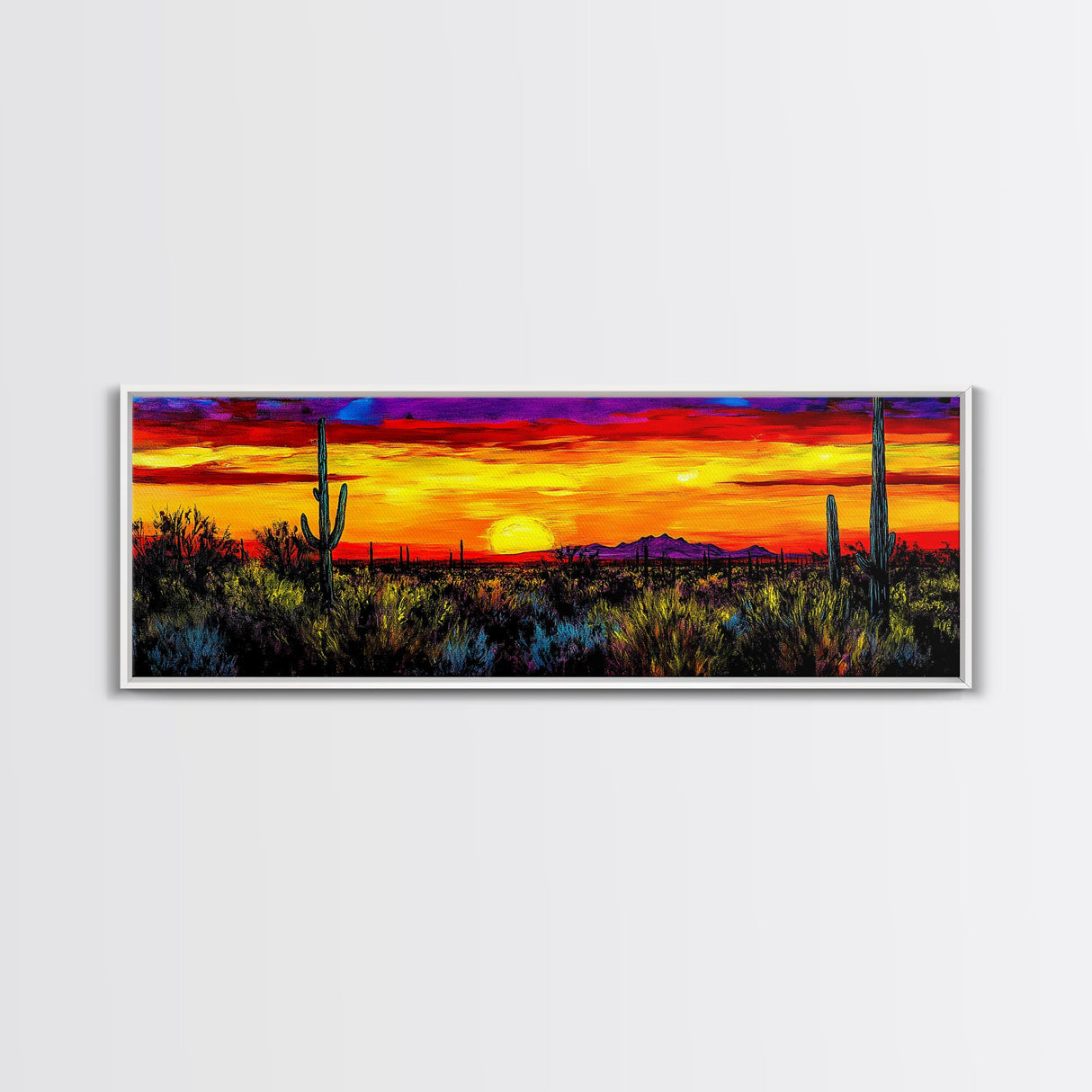 Desert Sunset Art, Vibrant Cactus Painting, Warm Boho Landscape, Southwestern Wall Decor, Bold Nature Print, Framed Canvas Print