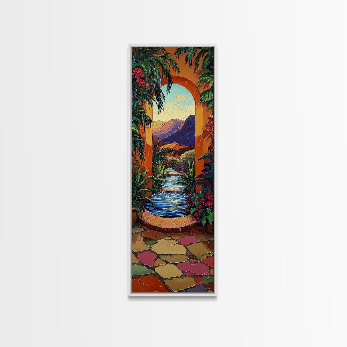 Tropical Archway, Retreat Painting, Framed Canvas Print, vibrant Mediterranean garden, doorway wall art, boho home décor, living room