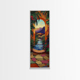Tropical Archway, Retreat Painting, Framed Canvas Print, vibrant Mediterranean garden, doorway wall art, boho home décor, living room