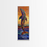 Dolphin Ocean, Sunset Splash, Vibrant marine wall decor Framed Canvas Print, colorful coastal boho art, beach house wall art