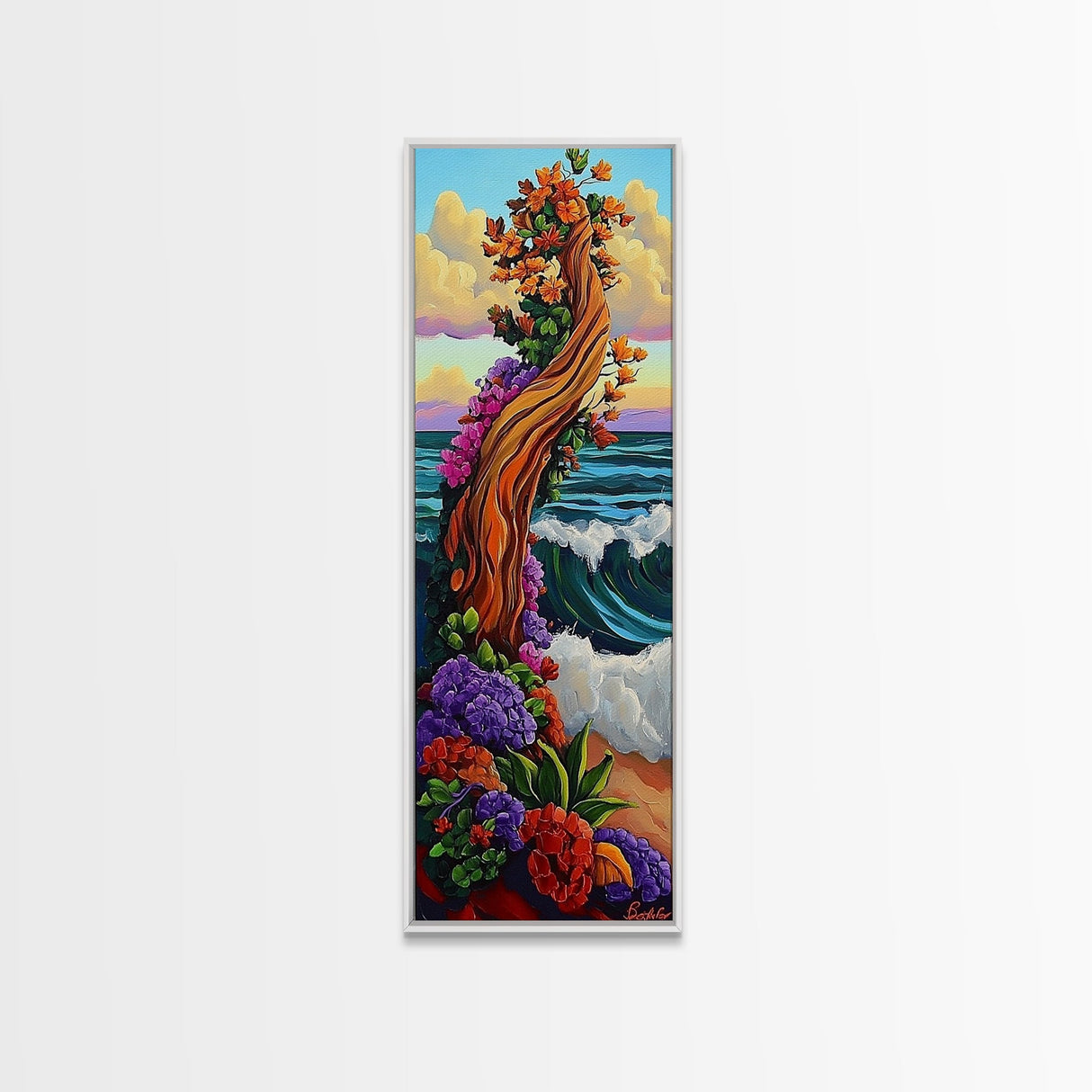 Tree Ocean, Flowers Waves, Whimsical tree by sea Framed Canvas Print, vibrant fantasy wall art, kids room or decor
