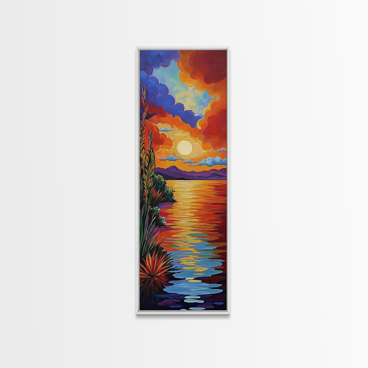 Sunset Reflections, Bold Lake, Framed Canvas Print vibrant sunset over water, colorful sky and lake scene, tranquil evening art, nature decor