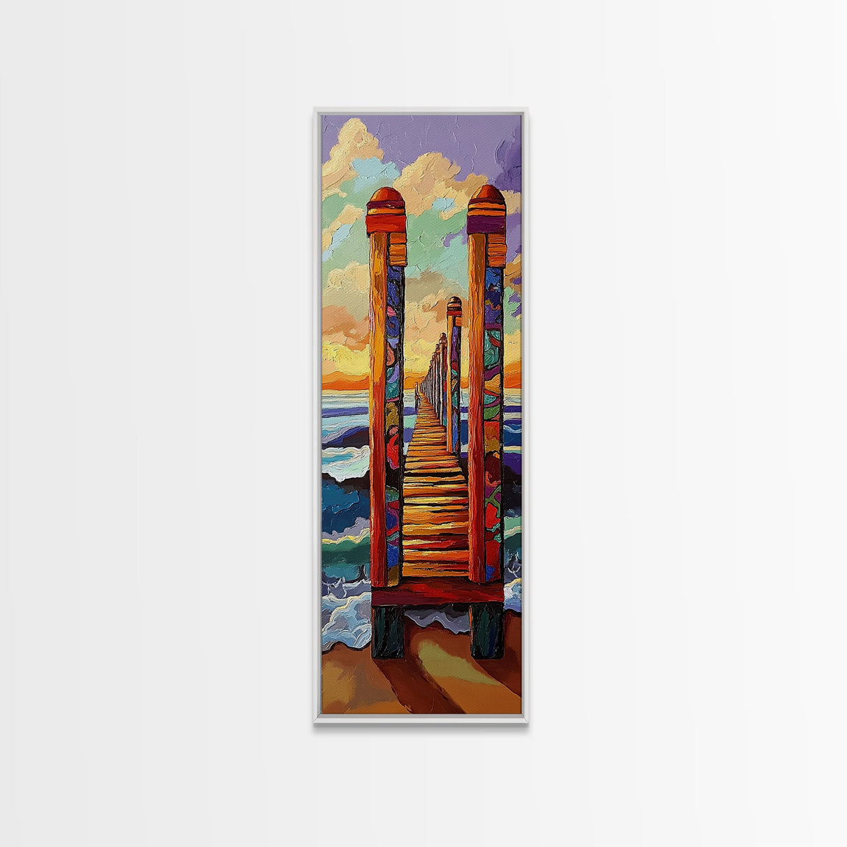 Pier Sunset, Coastal Journey – Canvas Print colorful beach landscape painting, ocean wall decor, coastal living room wall art, vibrant seascape