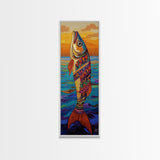 Tribal Fish, Ocean Sunset, Nautical Folk Art, Framed Canvas Print, coastal kitchen decor, whimsical ocean creature, colorful boho wall art