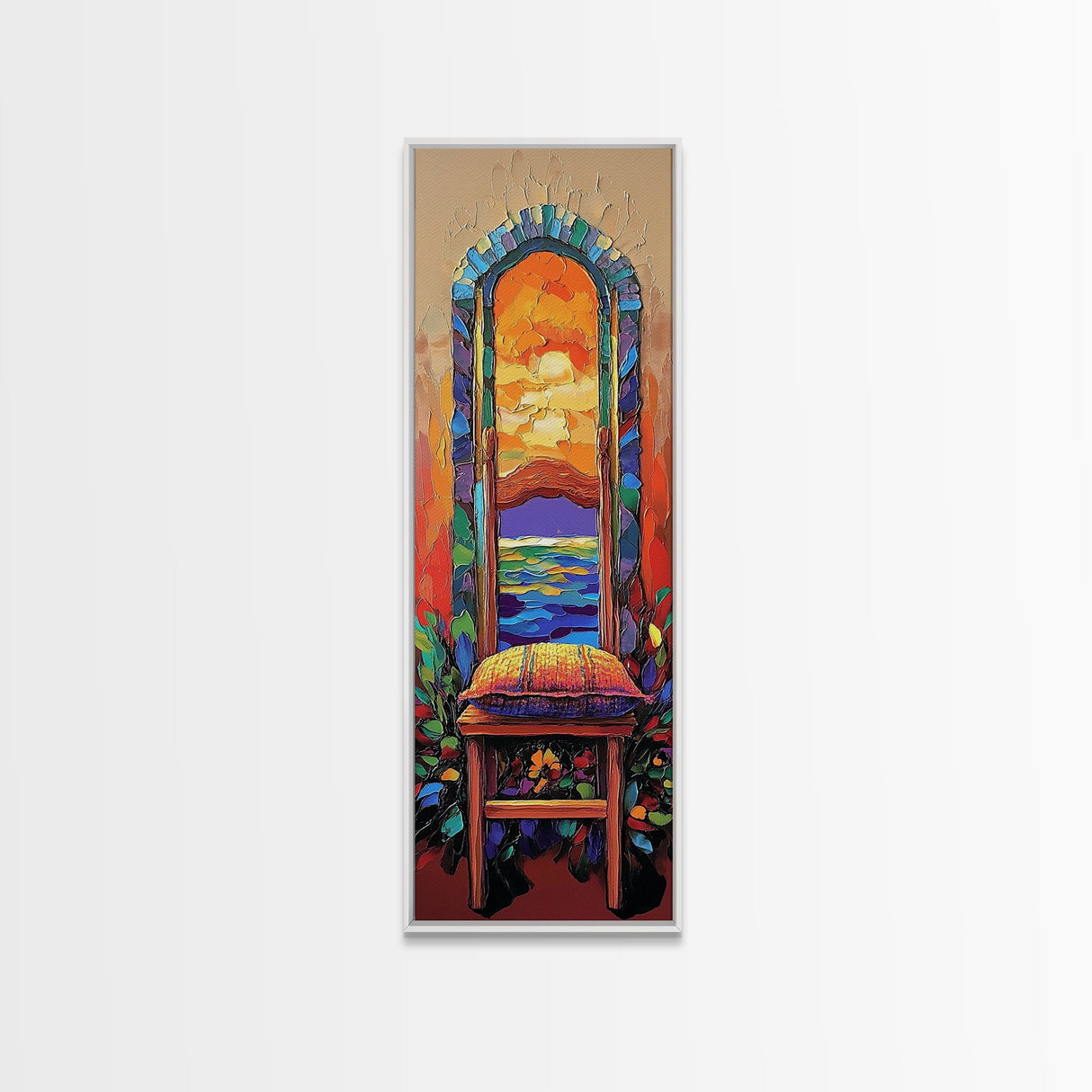 Chair, Window, Dream View, Colorful Surreal Framed Canvas Print, Vibrant Boho Wall Art, Bedroom Accent Piece, Artistic Home Decor Statement
