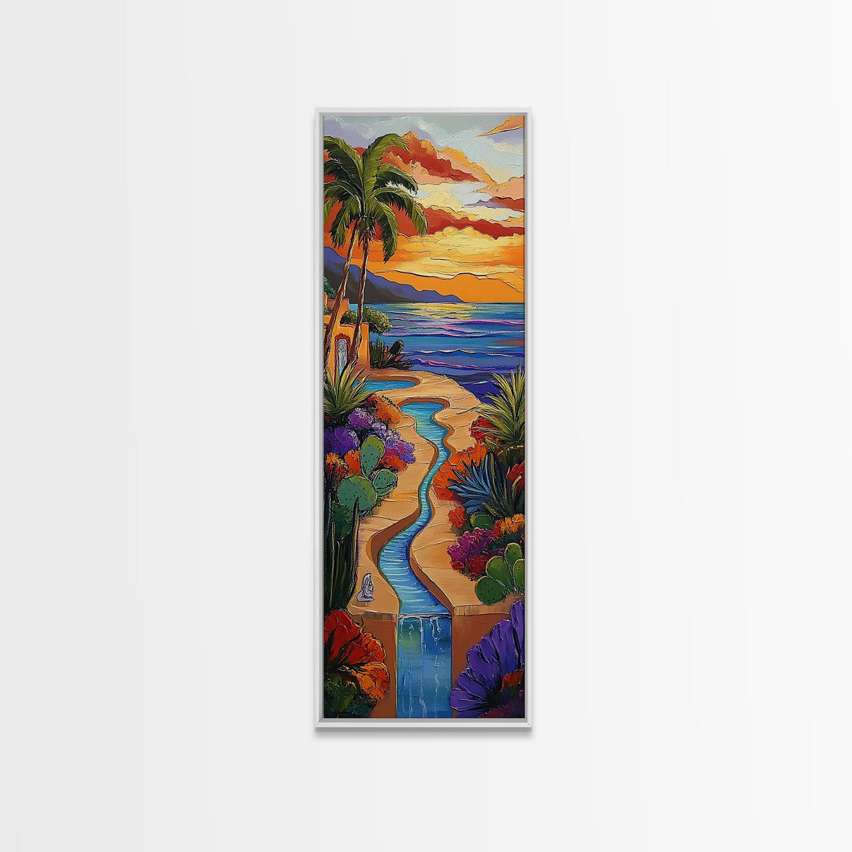 Sunset, Palms, Cactus, Stream - Framed Canvas Print, Tropical Desert Wall Art, Southwest Coastal Decor, Colorful Living Room Boho Painting