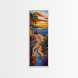 Sunset, Palms, Cactus, Stream - Framed Canvas Print, Tropical Desert Wall Art, Southwest Coastal Decor, Colorful Living Room Boho Painting