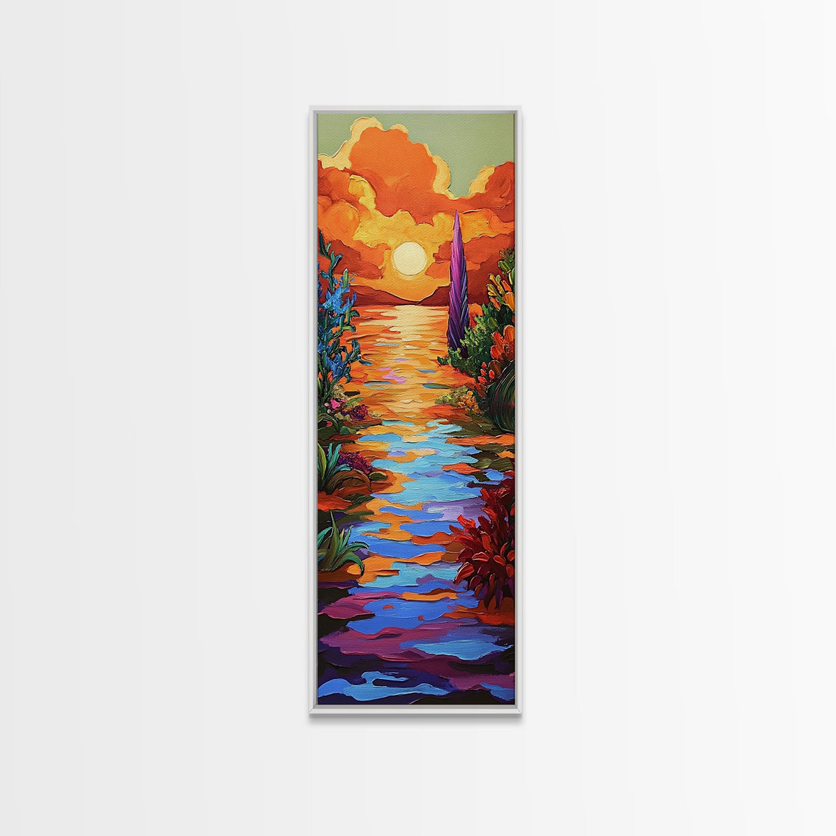 Sunset, Vibrant, Tropical, Sky - Framed Canvas Print, Colorful Beach Wall Art, Bold Living Room Decor, Coastal Sunset Summer Vibes Painting