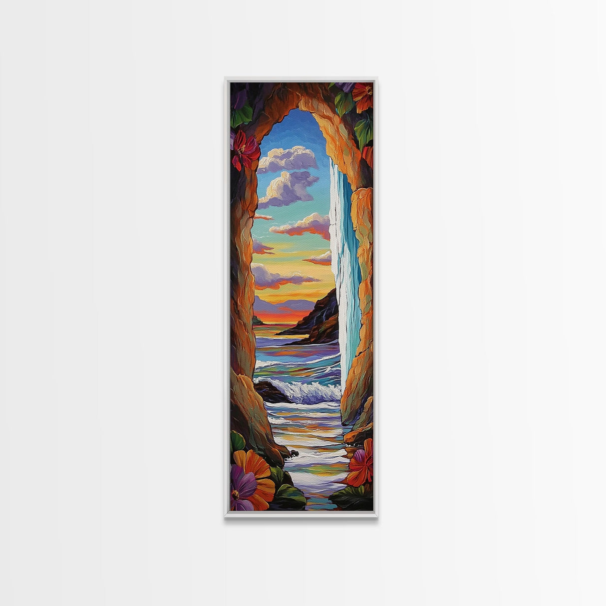 Ocean, Sunset, Archway, View, Framed Canvas Print, Coastal wall decor, tropical beach art, vibrant living room painting, boho landscape style