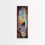 Ocean, Sunset, Archway, View, Framed Canvas Print, Coastal wall decor, tropical beach art, vibrant living room painting, boho landscape style