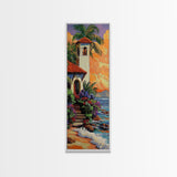 Seaside, Villa, Sunset, Palms, Framed Canvas Print, Coastal tropical wall art, beach house decor, boho living room painting, colorful home vibes