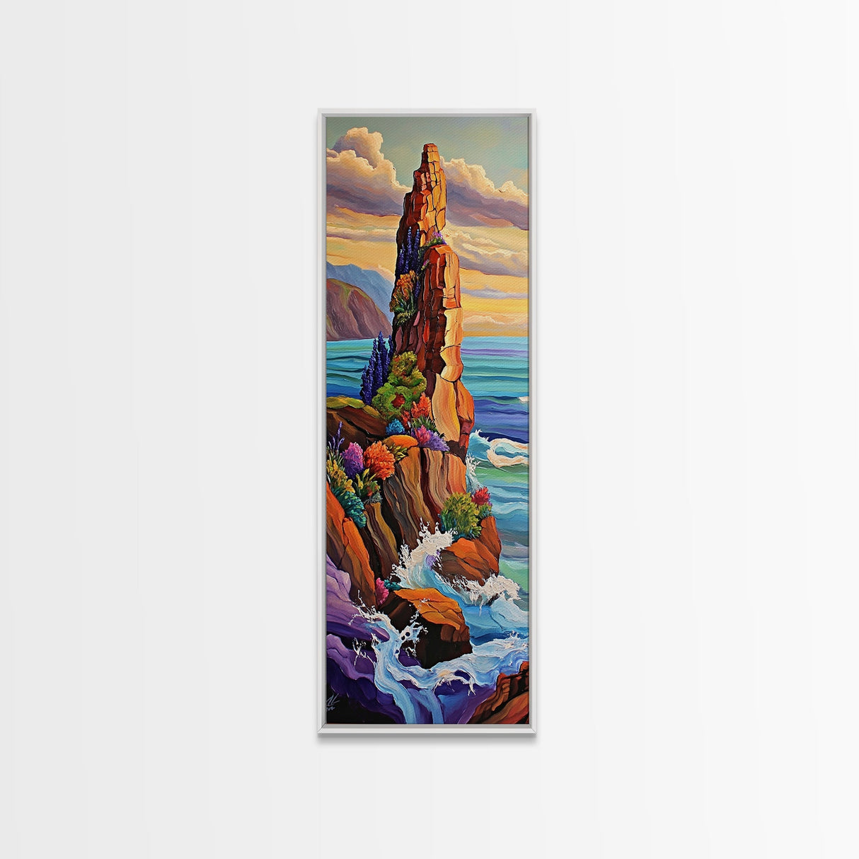 Cliff, Ocean, Wildflowers, Waves, Framed Canvas Print, Coastal nature wall art, vibrant landscape decor, colorful living room painting