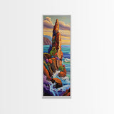 Cliff, Ocean, Wildflowers, Waves, Framed Canvas Print, Coastal nature wall art, vibrant landscape decor, colorful living room painting