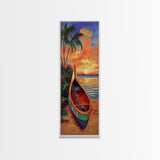 Sunset, Boat, Beach, Tropical, Framed Canvas Print, coastal boat painting, beach wall art, living room decor, colorful sunset, nautical art