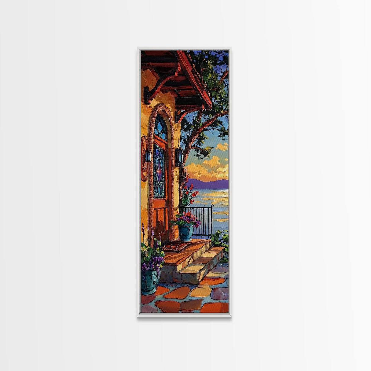 Doorway, Ocean, Mediterranean, Flowers, Framed Canvas Print, Mediterranean doorway wall art, ocean view canvas print, flower entryway painting