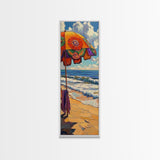 Beach, Umbrella, Waves, Retro Summer Vibes Coastal Framed Canvas Print, Colorful Ocean Wall Art, Beach House Decor, Living Room Art