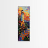 Lighthouse, Mountains, Sunset, Water, Framed Canvas Print, Coastal Landscape Wall Art, Nautical Home Decor, Vibrant Living Room Artwork
