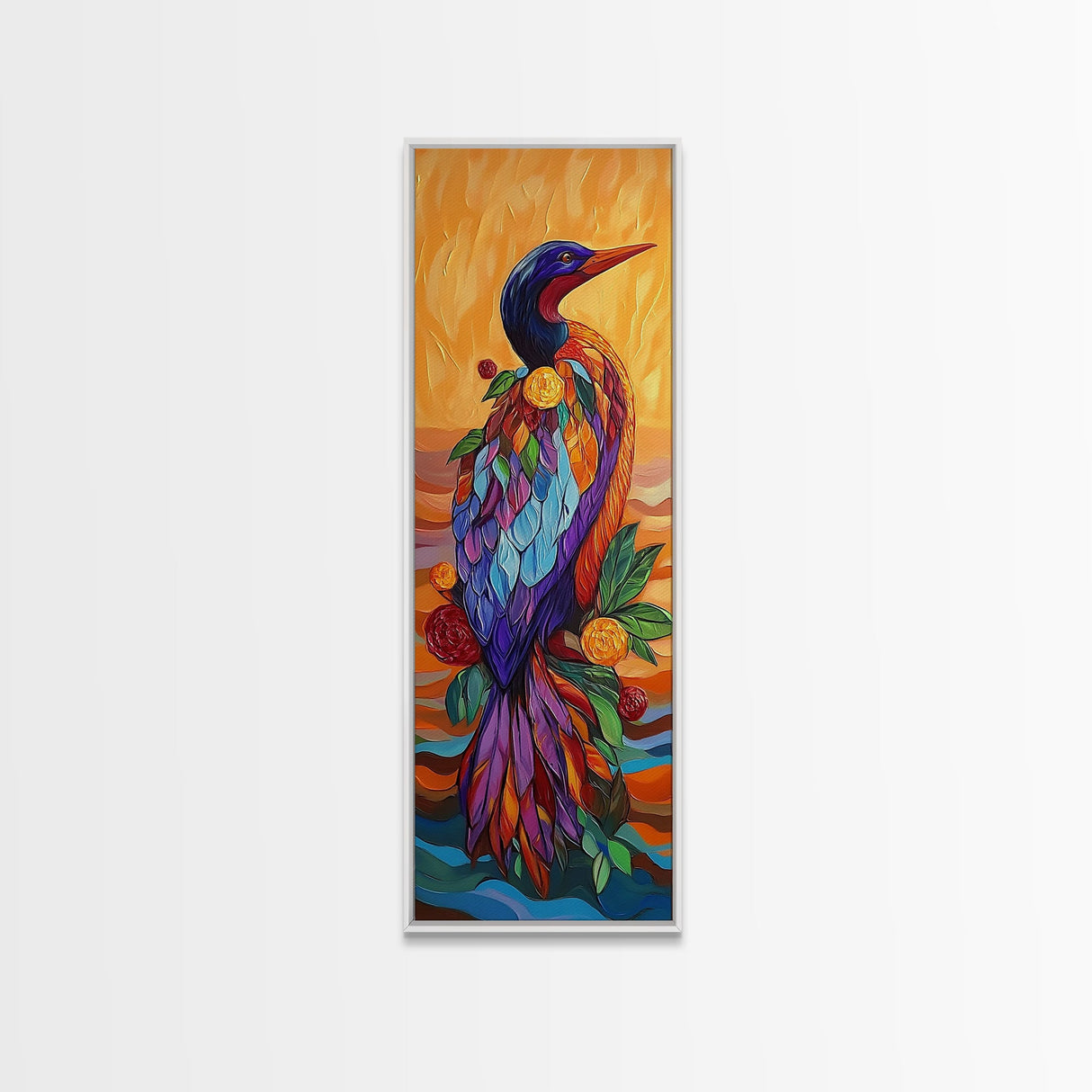 Bird, Colorful, Floral, Elegant, Framed Canvas Print exotic bird painting living room wall art bold colorful feathers tropical boho art