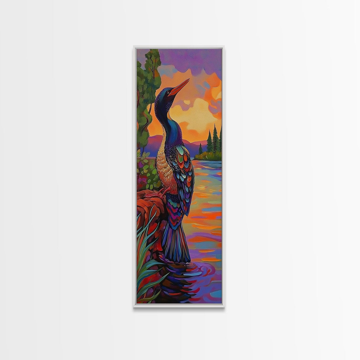 Sunset, Lake, Bird, Nature, Framed Canvas Print vibrant lakeside bird wall decor colorful boho birdwatching themed bedroom wall art