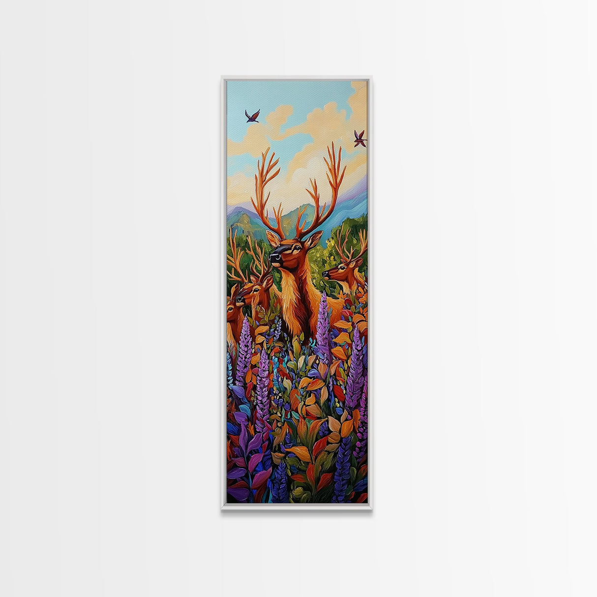 Elk, Meadow, Nature, Art, Framed Canvas Print featuring deer herd in wildflowers, cozy lodge style, Autumn cabin decor, rustic wall art