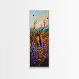 Elk, Meadow, Nature, Art, Framed Canvas Print featuring deer herd in wildflowers, cozy lodge style, Autumn cabin decor, rustic wall art