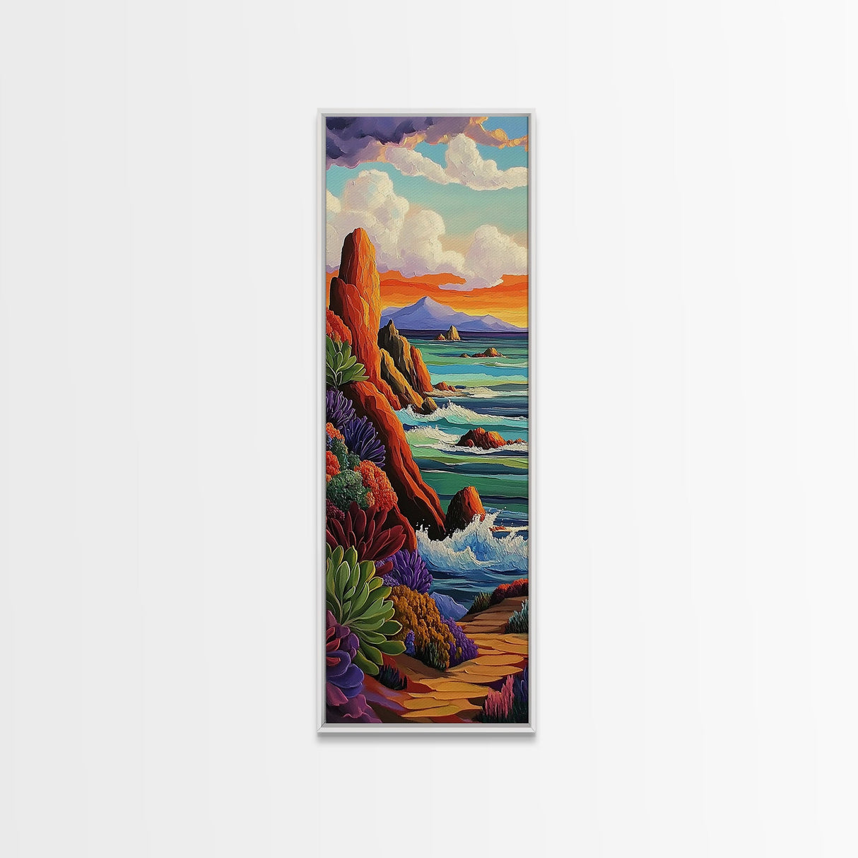 Coastal, Sunset, Seascape, Vibes, Framed Canvas Print of ocean cliffs and crashing waves, modern coastal wall art, beach house decor