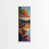 Lake, Pines, Sunset, Art, Framed Canvas Print of forest lakeside at golden hour, tranquil nature art, cozy cabin wall decor, Fall vibes